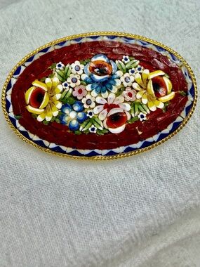 Vintage Micro Mosaic Floral Oval Brooch in Red, Yellow, Blue #1MO